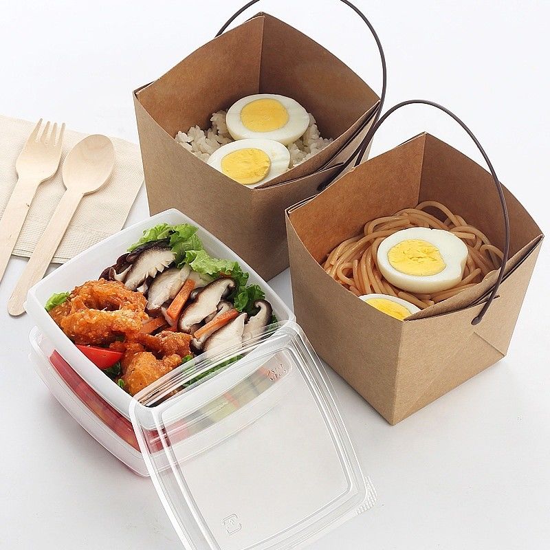 Kraft 종이는 쟁반과 손잡이를 가진 점심 국수 포장 상자를 가지고 가십시오